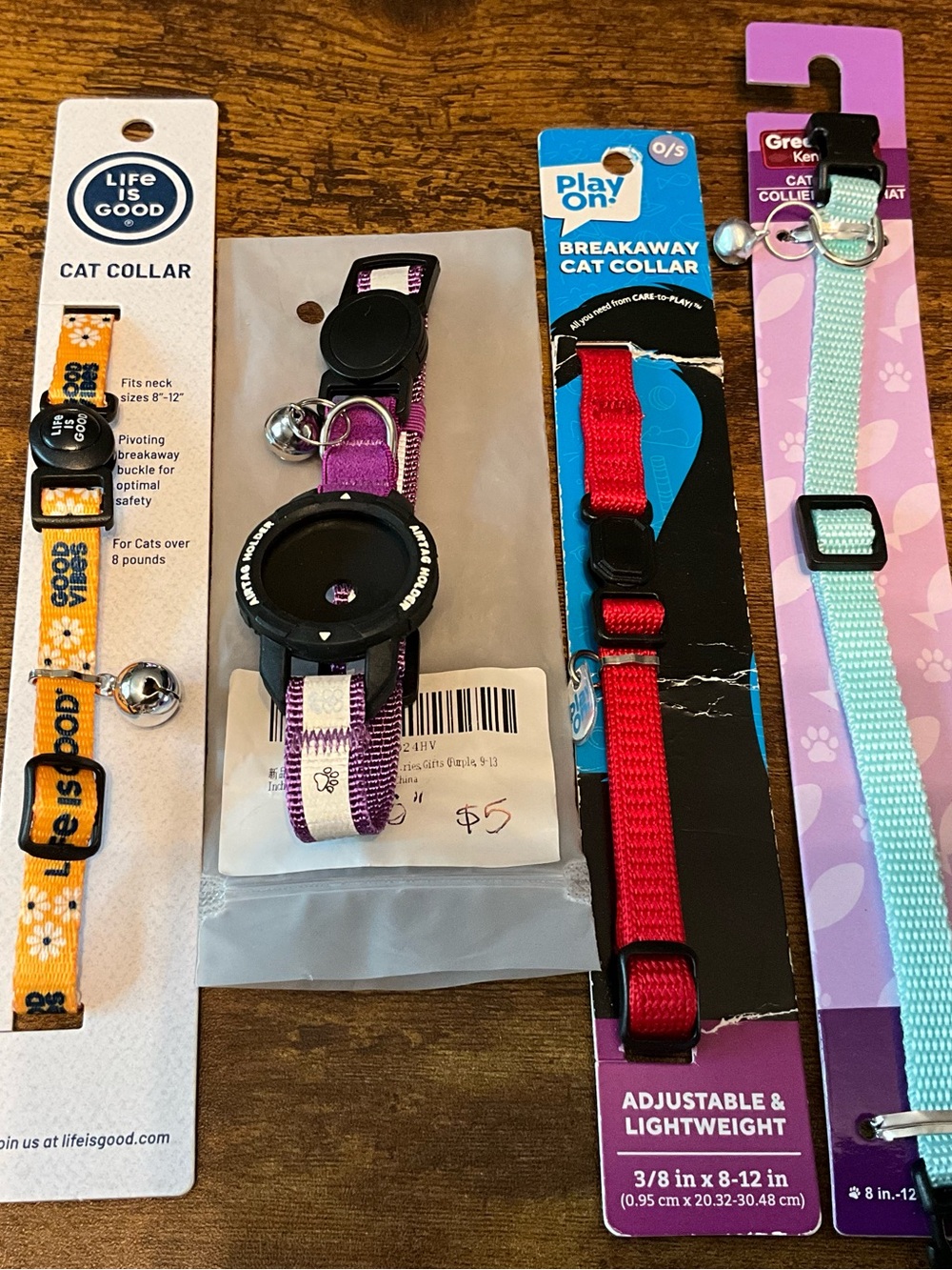 Lot Of 4 Cat Collars Life Is Good, Purple Air Tag Holder, Red And Teal Breakaway